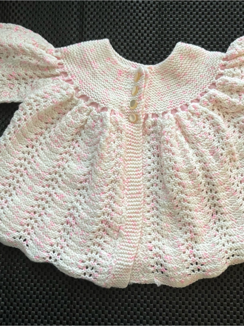 Hand-Knit Baby Cardigan in Cream with Pink Speckles